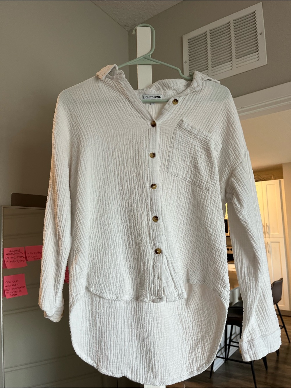 Fashion Nova White Crinkle Button-Front Hooded Tunic